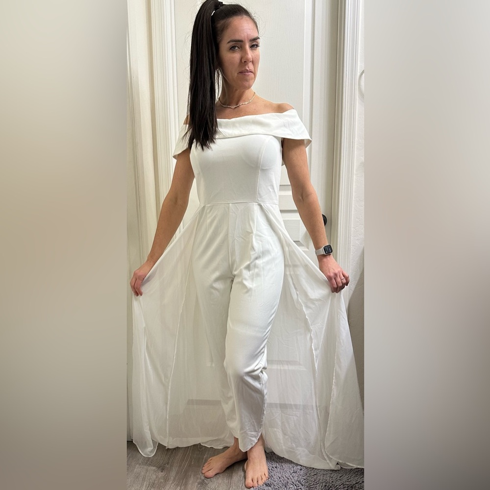 Marina Off Shoulder Zipper Back Solid Walk Through Crepe Jumpsuit in White